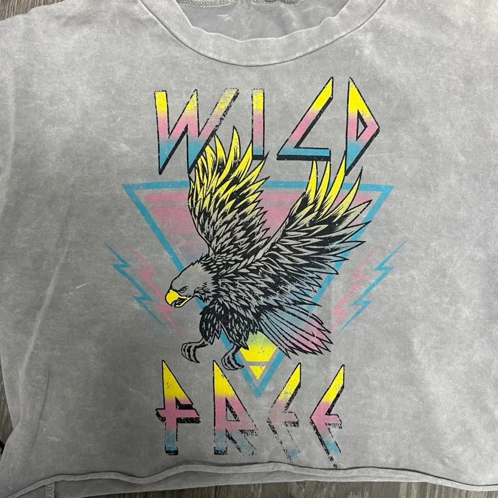 Wild Free Eagle Graphic Cropped‎ Long Sleeve Top Acid Wash Pullover - Picture 3 of 6